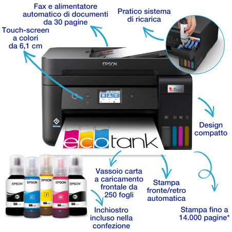 Epson EcoTank ET-4800 stampante multifunzione inkjet 4-in-1 A4, serbatoi ricaricabili alta capacità, 5 flaconi inclusi pari a