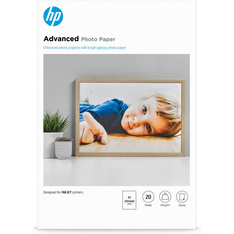 HP Carta fotografica Advanced, lucida, 250 g/m2, A3 (297 x 420 mm), 20 fogli