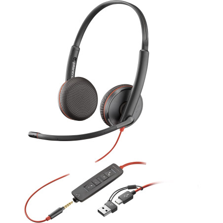 POLY Cuffie stereo Blackwire 3225 con connettore USB-C + spina da 3,5 mm + adattatore USB-C/A