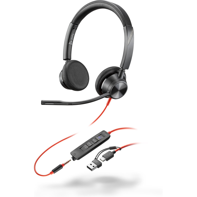 POLY Cuffie stereo Blackwire 3325 con connettore USB-C, certificate per Microsoft Teams + spina da 3,5 mm + adattatore USB-C/A