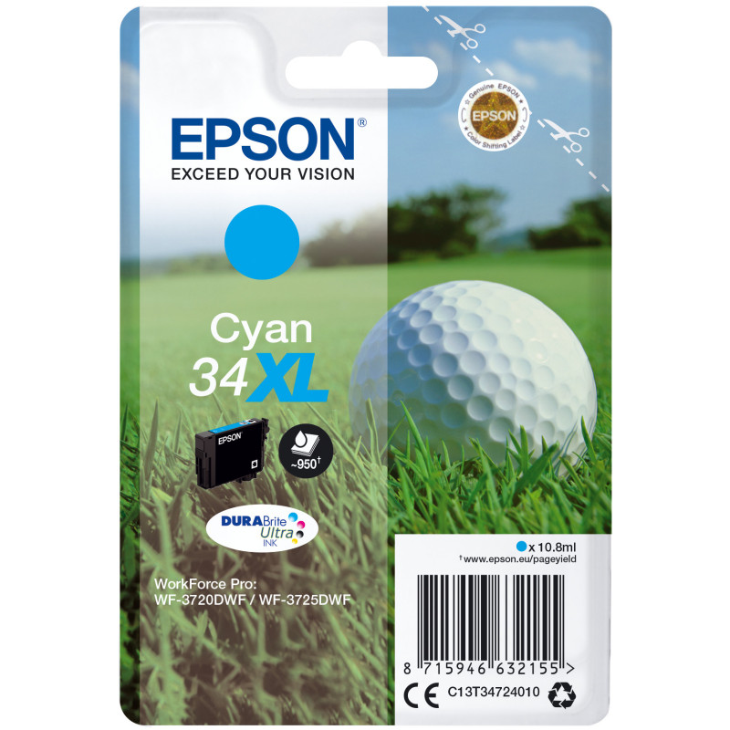 Epson Golf ball Singlepack Cyan 34XL DURABrite Ultra Ink