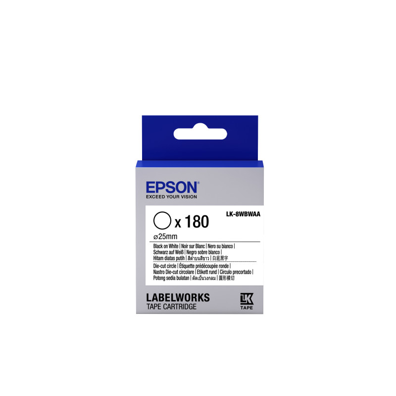 Epson Nastro fondo pretagliato circolare Bianco per testo Nero, Die-Cut D25mm/180 etichette LK-8WBWAA