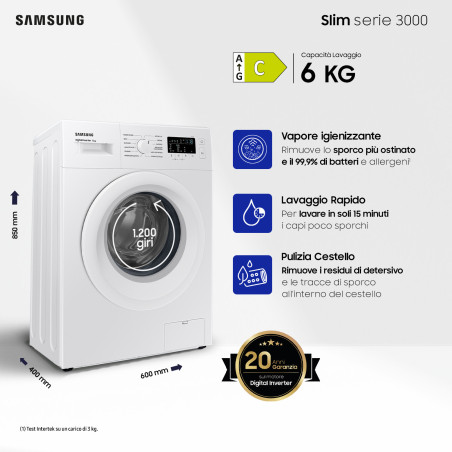 Samsung WW60A3120WE/ET lavatrice slim a caricamento frontale 6 kg Classe C 1200 giri/min, Porta bianca + Panel bianco