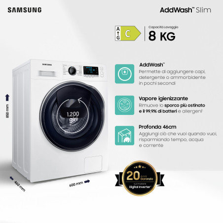 Samsung WW8NK62E0RW/ET lavatrice slim a caricamento frontale Addwash™ 8 kg Classe C 1200 giri/min, Porta nera old + panel nero