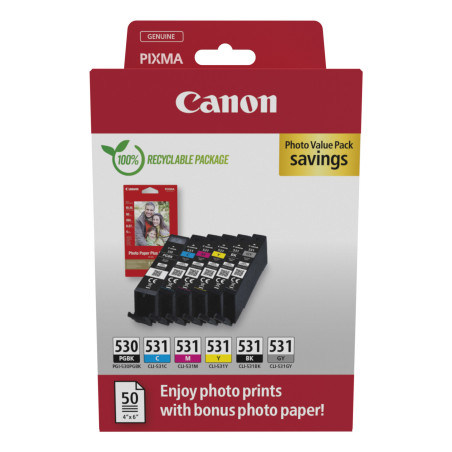 Canon PGI-530 CLI-531 PVP cartuccia d'inchiostro 6 pz Originale Nero, Ciano, Grigio, Magenta, Nero per foto, Giallo