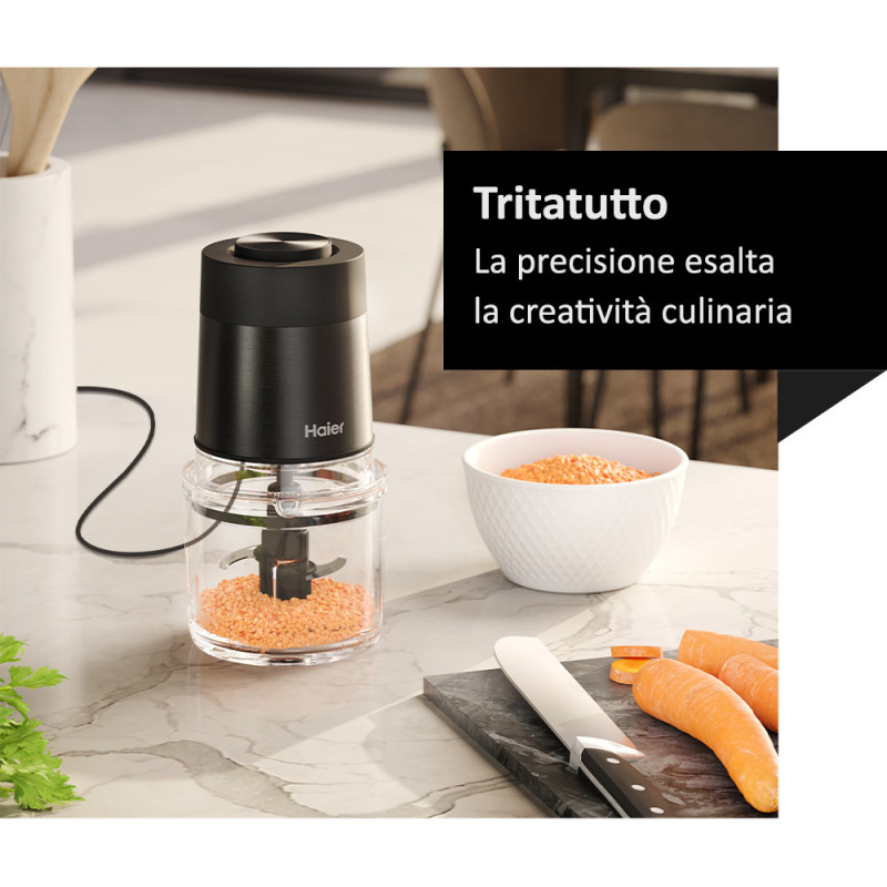 Haier Tritatutto I-Master Serie 5 Nero, 4 lame in acciaio inox, 2 livelli di velocità, Ciotola in vetro 0,5 L