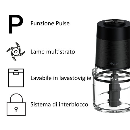 Haier Tritatutto I-Master Serie 5 Nero, 4 lame in acciaio inox, 2 livelli di velocità, Ciotola in vetro 0,5 L