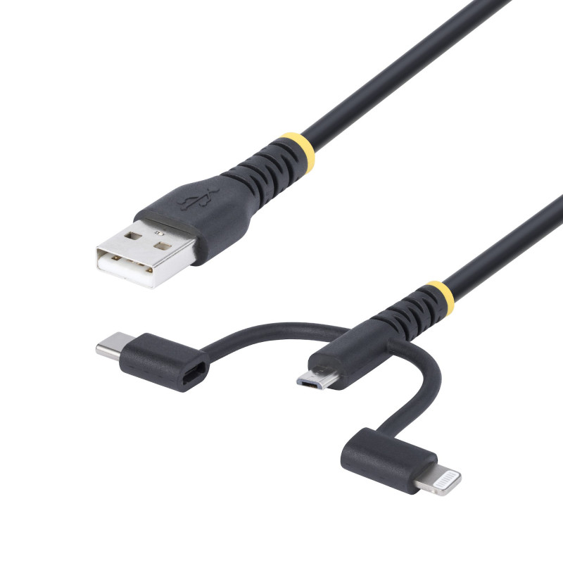 StarTech.com Cavo di Ricarica USB robusto da 1m, Da USB a Lightning/Micro-USB/Tipo-C, certificato Apple MFi, rivestimento in