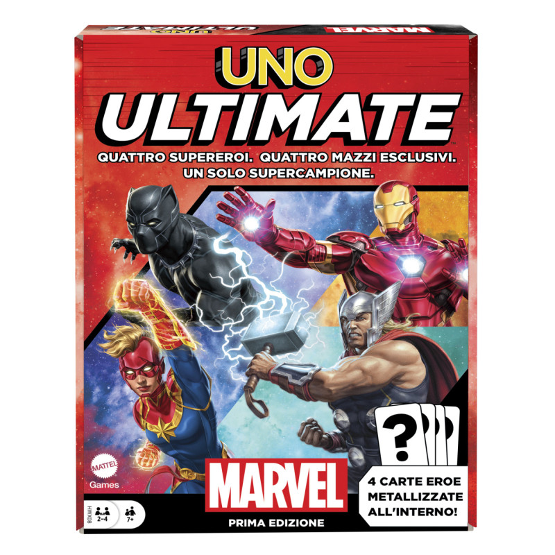 Games Uno Ultimate Marvel Gioco Di Carte Con 4 Carte Laminate Da Collezione: Black Panther, Captain Marvel, Iron Man E Thor