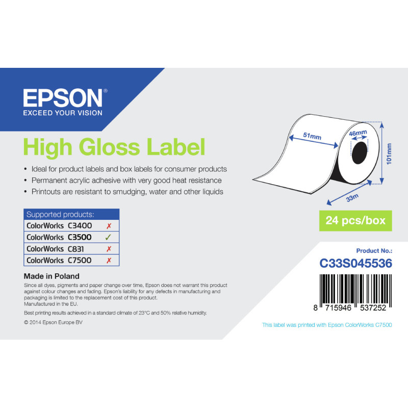 Epson High Gloss Label - Continuous Roll: 51mm x 33m