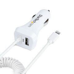 StarTech.com Caricatore da auto a due porte USB con cavo Lightning a spirale integrato da 1m Adattatore accendisigari USB per