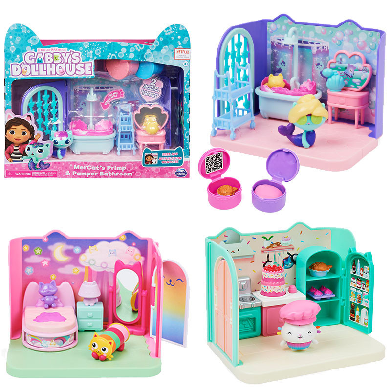 Gabby's Dollhouse Primp and Pamper Bathroom con personaggio MerCat, 3 accessori, 3 mobili e 2 scatole con sorpresa, giocattoli