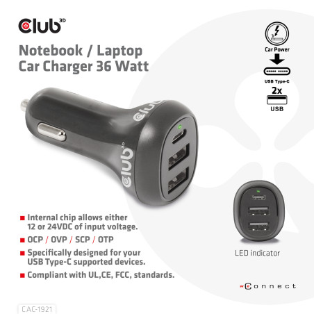 CLUB3D USB KFZ-Ladegerät 1xUSB C 2xUSB A 36W 12/24V retail