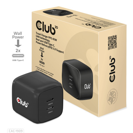 CLUB3D CAC-1909EU Caricabatterie per dispositivi mobili Telefono cellulare, Computer portatile, Smartphone Nero AC Interno