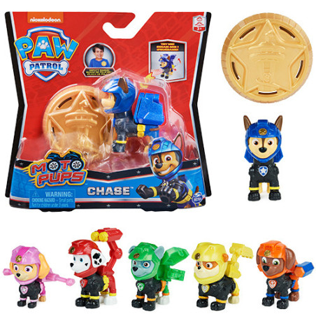 PAW Patrol , Personaggio Moto Pups con distintivo da agente indossabile e zainetto trasformabile, cucciolo a sorpresa, per