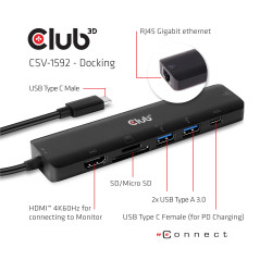 CLUB3D CSV-1592 replicatore di porte e docking station per laptop USB 3.2 Gen 1 (3.1 Gen 1) Type-C Nero