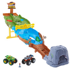 Hot Wheels Monster Trucks Torneo dei Titani Playset con Monster Truck Bigfoot e Gunkster per sfide testa a testa giocattolo per