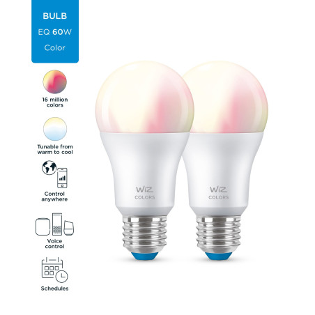 WiZ Lampadina Smart Dimmerabile Luce Bianca o Colorata Attacco E27 60W Goccia 2Pezzi