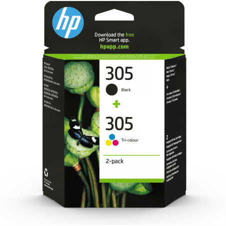 HP 305 2-Pack Tri-color/Black Original Ink Cartridge cartuccia d'inchiostro 2 pz Originale Resa standard Nero, Ciano, Magenta,