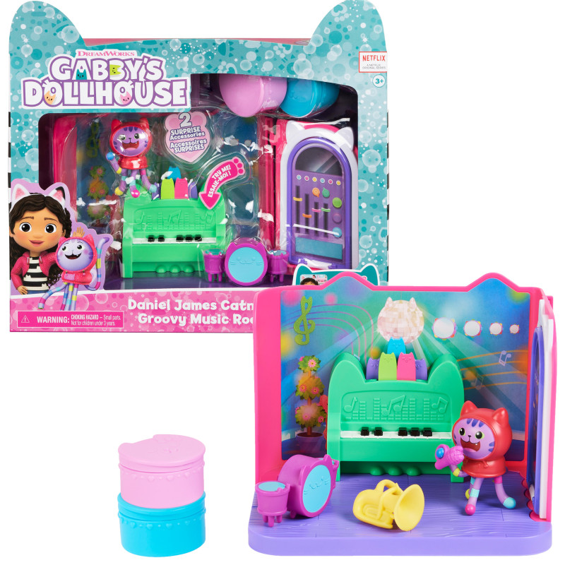 Gabby's Dollhouse , Groovy Music Room con personaggio Daniel James Catnip, 2 accessori, 2 mobili e 2 scatole con sorpresa,