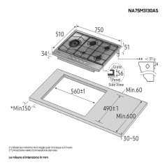 Samsung NA75M3130AS Piano cottura a gas 75cm 5 bruciatori, Inox