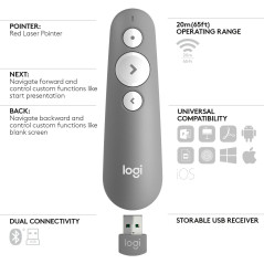 Logitech R500 puntatore wireless Bluetooth RF Grigio