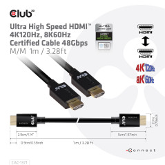 CLUB3D Ultra High Speed HDMI 4K120Hz, 8K60Hz Certified Cable 48Gbps M M 1 m 3.28 ft