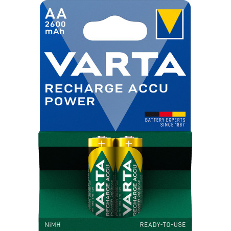 Varta Recharge Accu Power AA 2600 mAh Blister da 2 (Batteria NiMH Accu Precaricata, Mignon, batteria ricaricabile, pronta