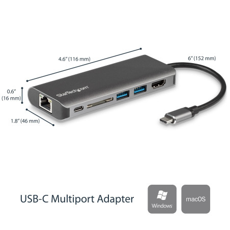 StarTech.com Adattatore Multiporta USB C, Dock USB-C Portatile con HDMI 4K, Hub 3x USB 3.0, SD/SDHC, GbE, PD 60 W Pass-Through