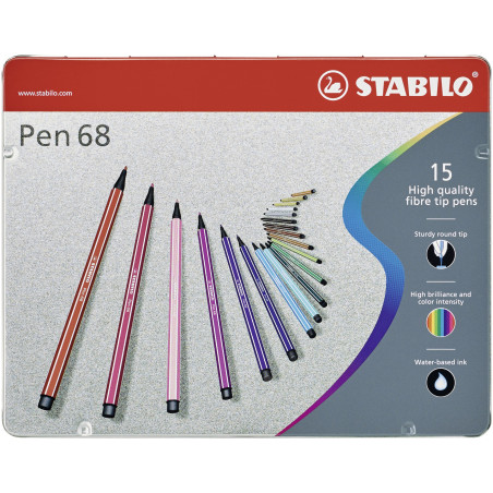 STABILO Pennarello Premium - Pen 68 - Scatola in Metallo da 15 colori assortiti