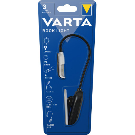 Varta Book Light (incl. 2x CR2032 Celle a bottone, con impugnatura a clip e collo flessibile) argento/nero, luce a clip