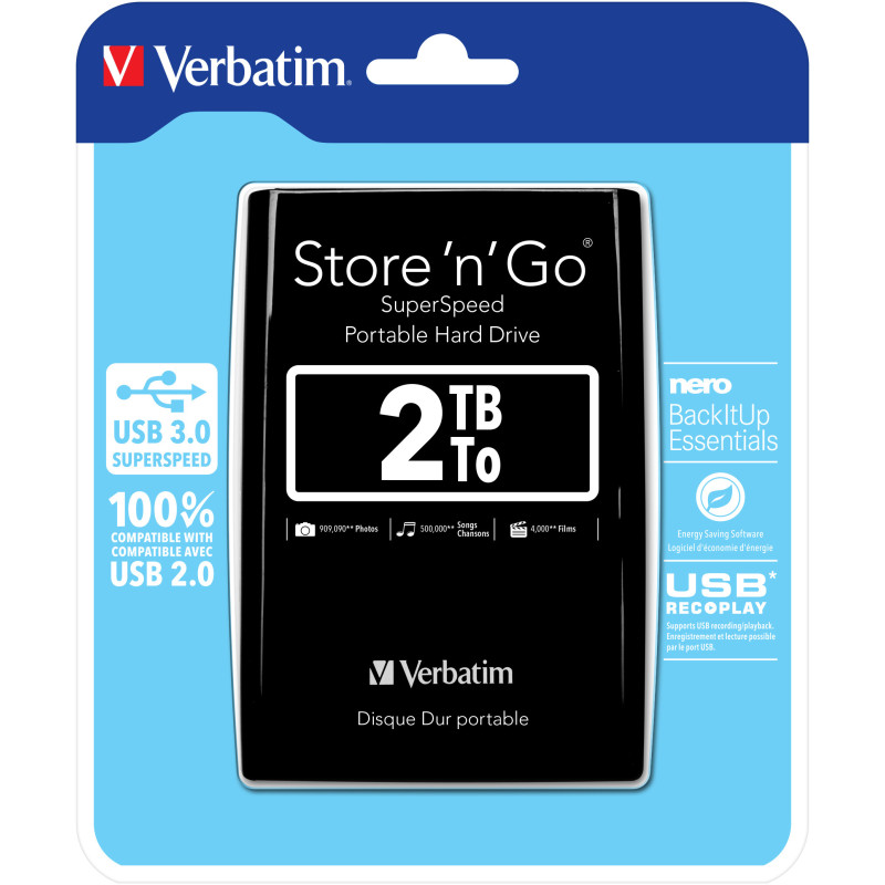 Verbatim Disco rigido portatile Store 'n' Go USB 3.0 da 2 TB Nero