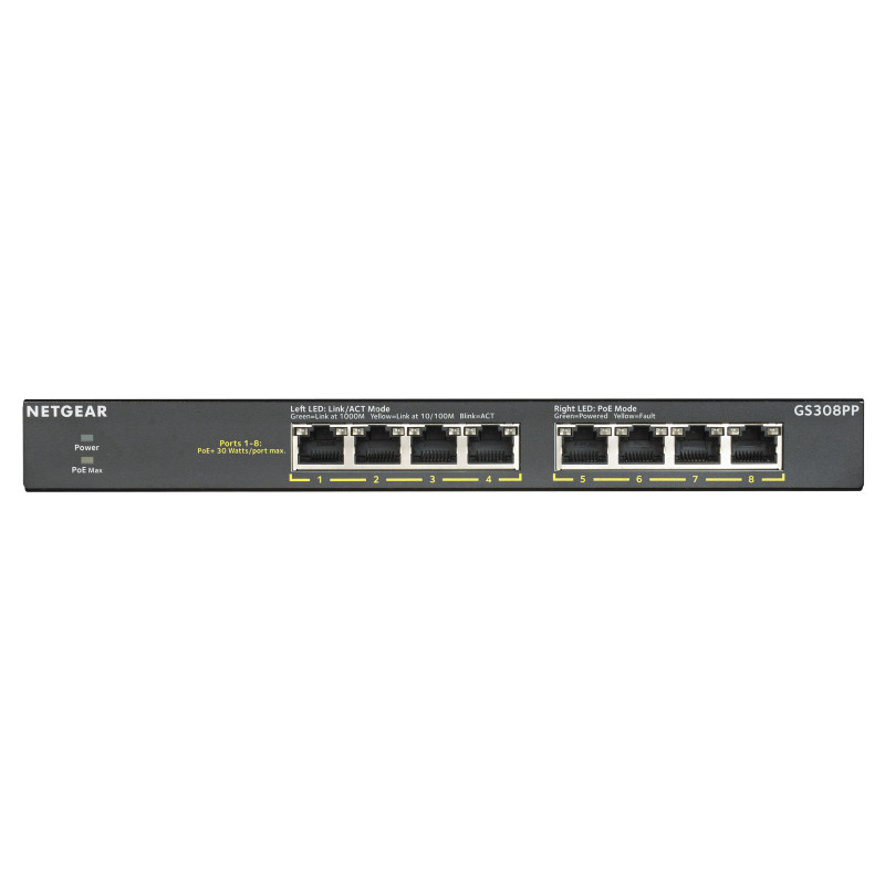 NETGEAR GS308PP Non gestito Gigabit Ethernet (10/100/1000) Supporto Power over Ethernet (PoE) Nero