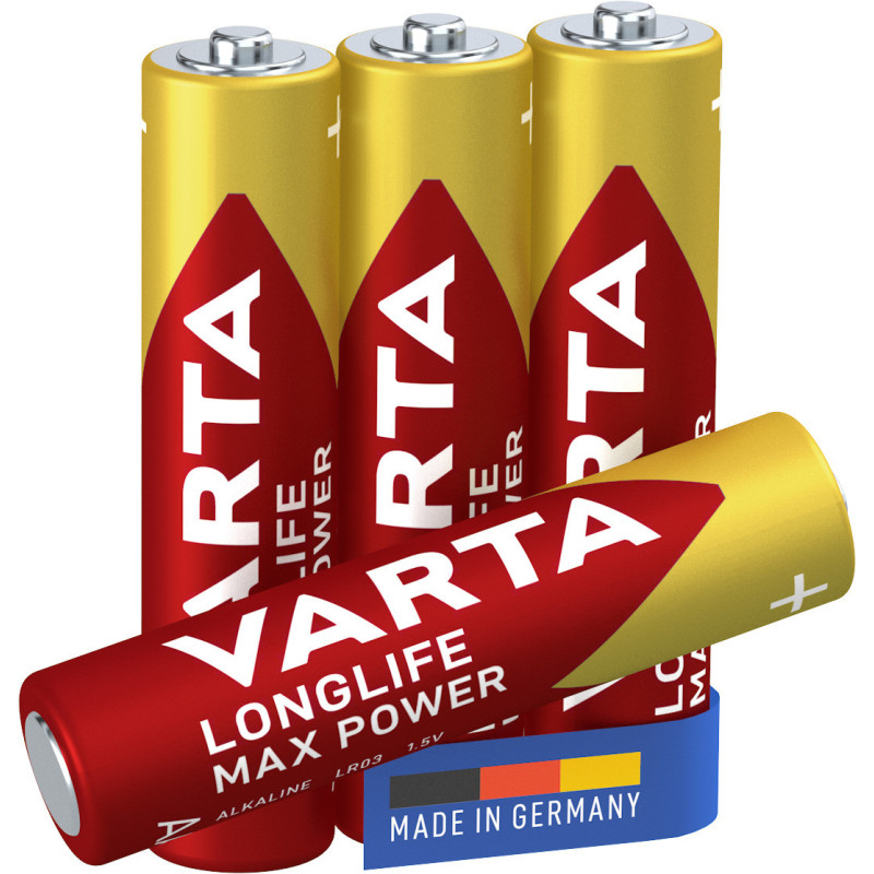 Varta Longlife Max Power, Batteria Alcalina, AAA, Micro, LR03, 1.5V, Blister da 4, Made in Germany