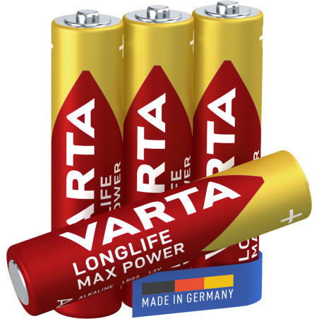 Varta Longlife Max Power, Batteria Alcalina, AAA, Micro, LR03, 1.5V, Blister da 4, Made in Germany