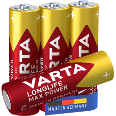 Varta Longlife Max Power, Batteria Alcalina, AA, Mignon, LR6, 1.5V, Blister da 4, Made in Germany