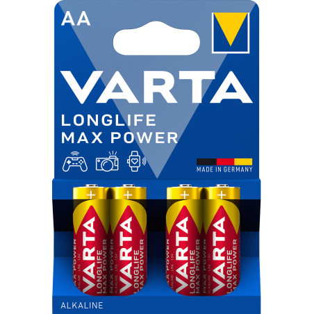 Varta Longlife Max Power, Batteria Alcalina, AA, Mignon, LR6, 1.5V, Blister da 4, Made in Germany