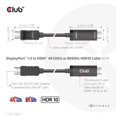 CLUB3D CAC-1087 cavo e adattatore video 3 m DisplayPort HDMI Nero