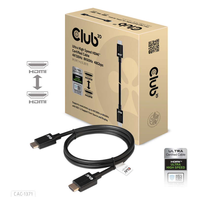 CLUB3D Ultra High Speed HDMI 4K120Hz, 8K60Hz Certified Cable 48Gbps M/M 1 m/3.28 ft