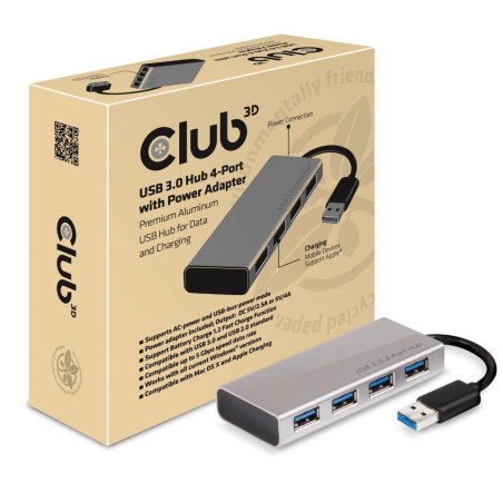 CLUB3D USB 3.0 Hub 4-Port with Power Adapter