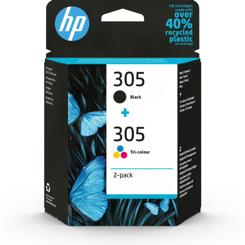 HP 305 2-Pack Tri-color/Black Original Ink Cartridge cartuccia d'inchiostro 2 pz Originale Resa standard Nero, Ciano, Magenta,