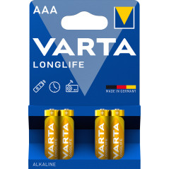 Varta Longlife, Batteria Alcalina, AAA, Micro, LR03, 1.5V, Blister da 4, Made in Germany