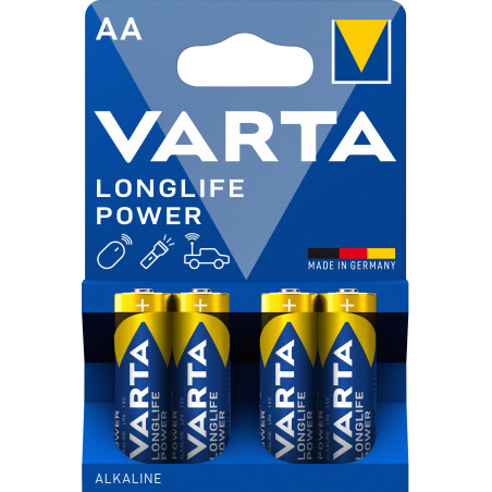 Varta Longlife Power, Batteria Alcalina, AA, Mignon, LR6, 1.5V, Blister da 4, Made in Germany