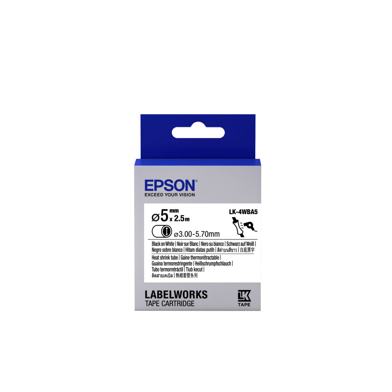 Epson Guaina Termorestringente Bianca per testo Nero, Heat Srink Tube D5mm/ 2,5 LK-4WBA5