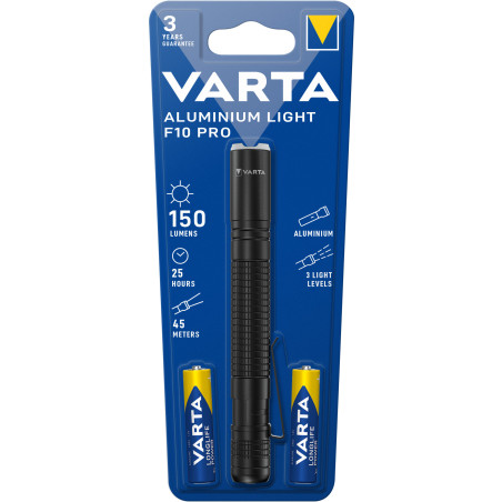 Varta Aluminium F10 Pro LED Flashlight (incl. 2x Longlife Power AAA Batterie per l'uso quotidiano, 150 lumen, resistente agli