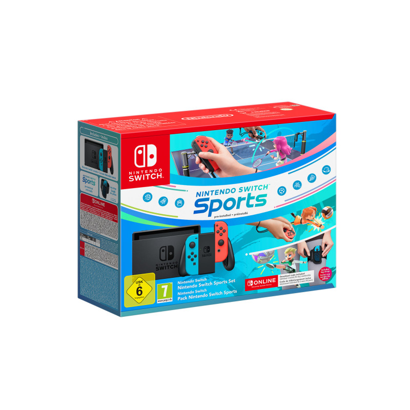 Nintendo Switch con Joy-Con Rosso Neon e Blu Neon + Switch Sports + fascia per la gamba + Tre mesi di Switch Online