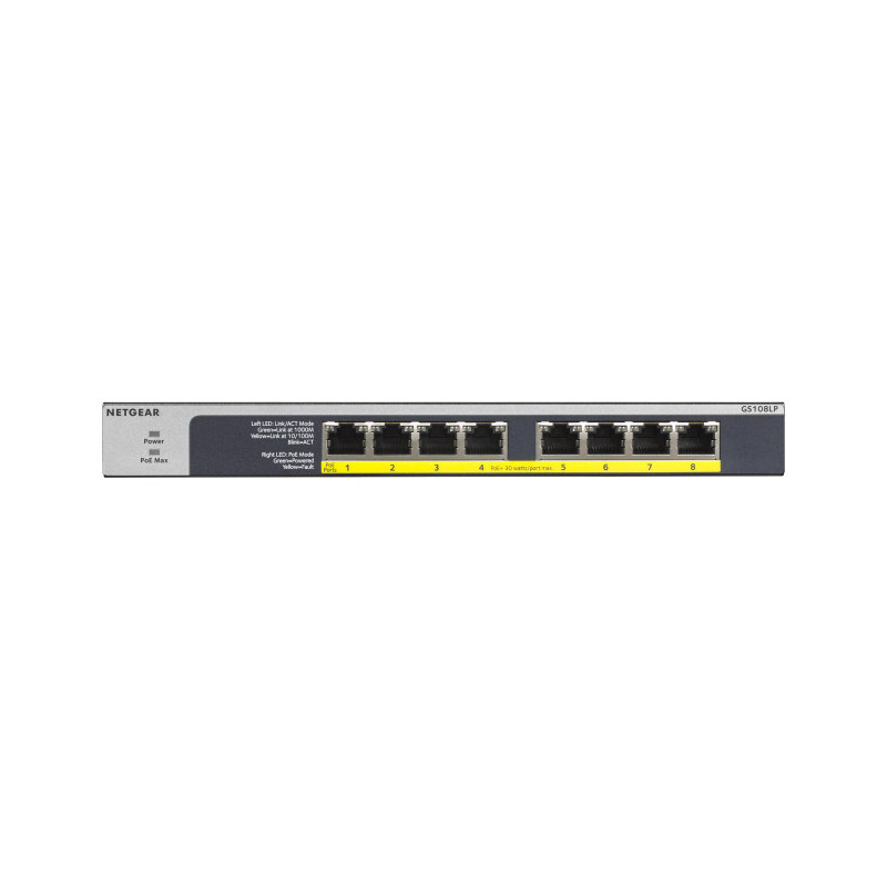 NETGEAR GS108LP Non gestito Gigabit Ethernet (10/100/1000) Supporto Power over Ethernet (PoE) 1U Nero, Grigio