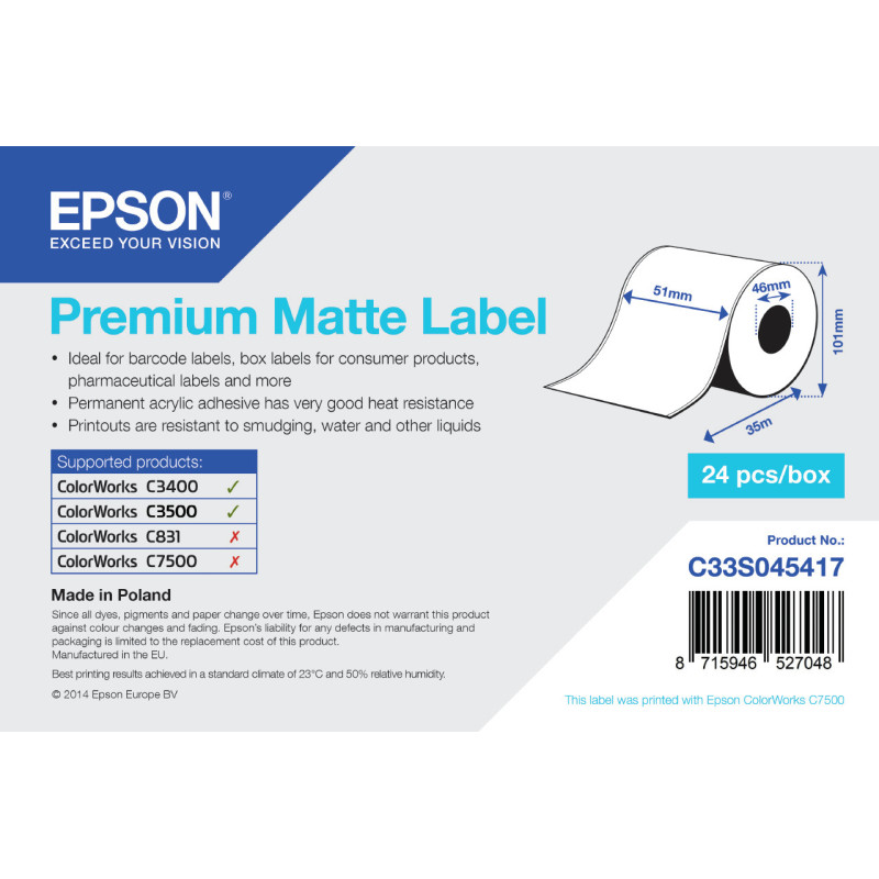 Epson Premium Matte Label - Continuous Roll: 51mm x 35m