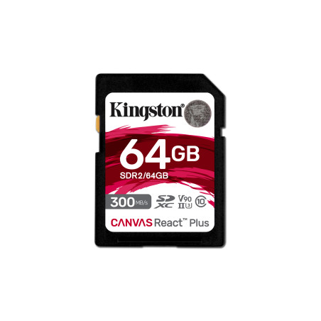 Kingston Technology 64GB Canvas React Plus SDXC UHS-II 300R 260W U3 V90 for Full HD 4K 8K