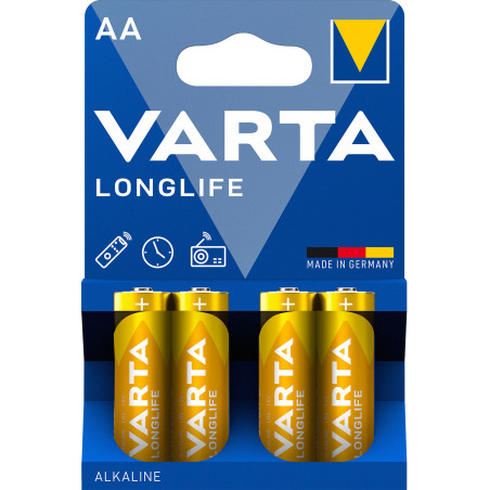 Varta Longlife, Batteria Alcalina, AA, Mignon LR6, 1.5V, Blister da 4, Made in Germany